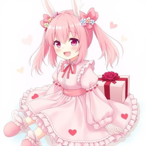 A girl with pink hair wearing a pink dress with rabbit ears sitting with a gift box. The scene includes hearts and flowers. The girl has a cheerful expression with a smile and blush. This image features a cute, colorful character in a playful pose.