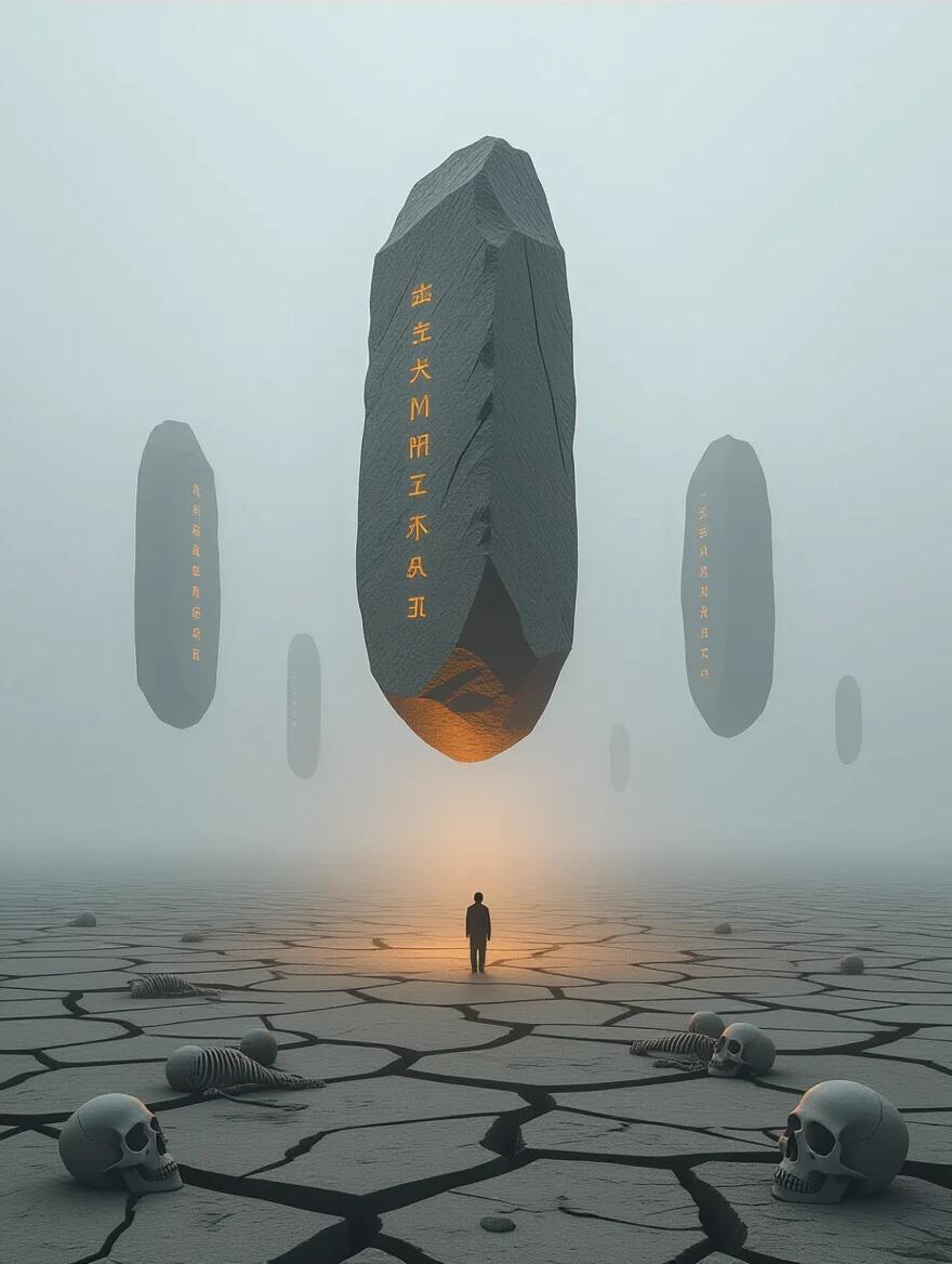 Barren cracked wasteland stretches to horizon. Massive floating stone monoliths suspended in air. Glowing with ancient runes. Scattered skeletal remains below. Aerial perspective with a solitary human silhouette for scale. Diffused overcast lighting with a gray atmosphere and heavy mist. Broken earth glowing faintly. Desolate and vast composition in surrealism and bleak color palette with grainy textures. Hopeless yet majestic tone and meditative silence.