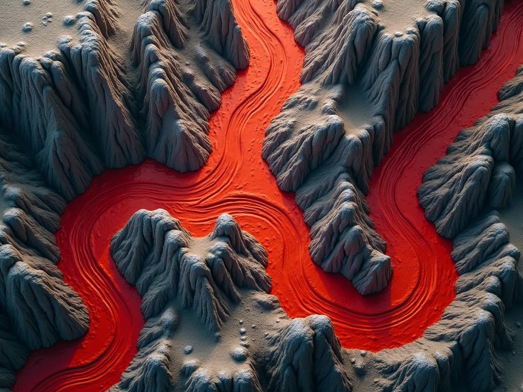 The image depicts an abstract landscape created with intricate textures that resemble mountains and valleys. A vibrant red river winds through the landscape, contrasting against the muted gray and beige tones. The textures represent a natural formation, inviting the viewer to explore the scenery. The aerial perspective showcases the details and allure of the terrain. This vivid composition combines elements of nature and abstract art, appealing to the imagination.