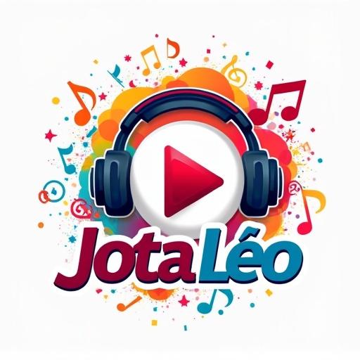 Logo design for a music composer named Jota Léio. Features vibrant and colorful elements, including musical notes and symbols surrounding a prominent play button icon.