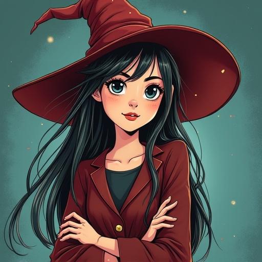 A girl depicted as a young witch holding her arms crossed. She has long black hair and wears a large witch's hat. The background emphasizes a magical theme.