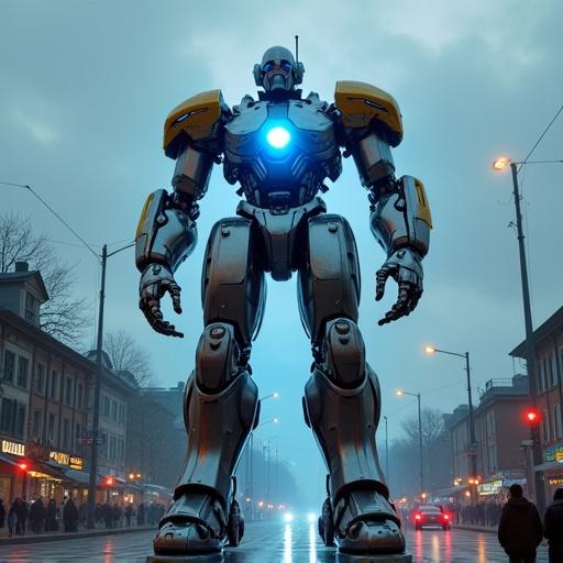 Cinematic scene featuring a giant 250 ft tall biomechanical robot with metallic and organic elements. Robot has a glowing blue face and blue metal nanowires resembling muscles. Bright white light with a blue lens flare emits from the chest. Urban environment with buildings, traffic, and people in a dark, cloudy atmosphere with shadows and sparks.