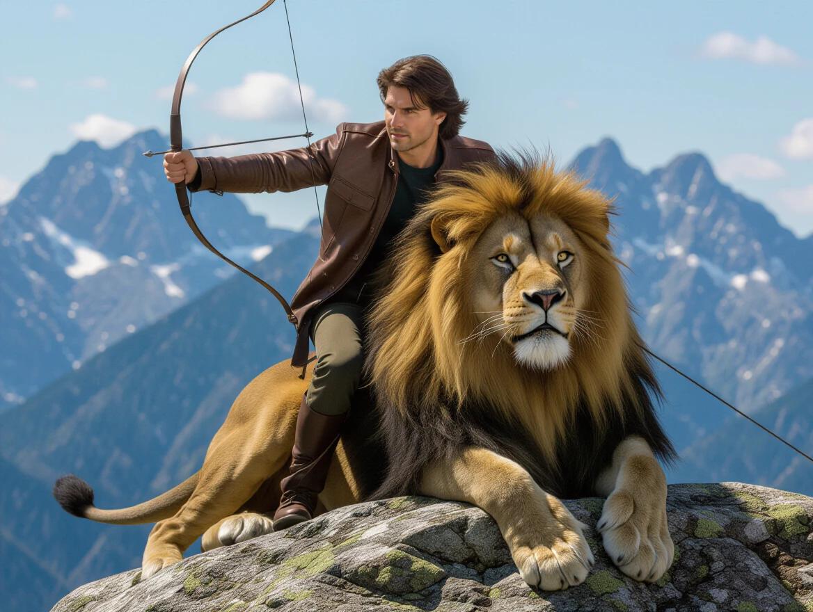 Young man with brown hair rides a lion on a rocky mountain. Man holds a bow and arrow. The lion has a majestic mane. Bright sky and mountains surround the scene.