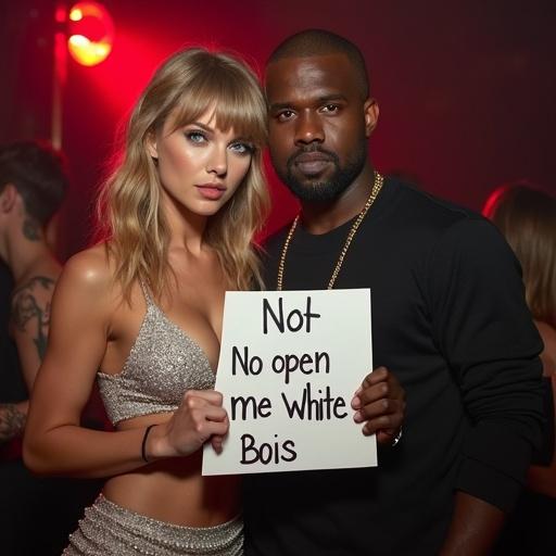 Nightclub scene with two individuals close together. One individual holds a sign that says 'not open to white bois'. The environment is illuminated with dim lighting with a contemporary feel.