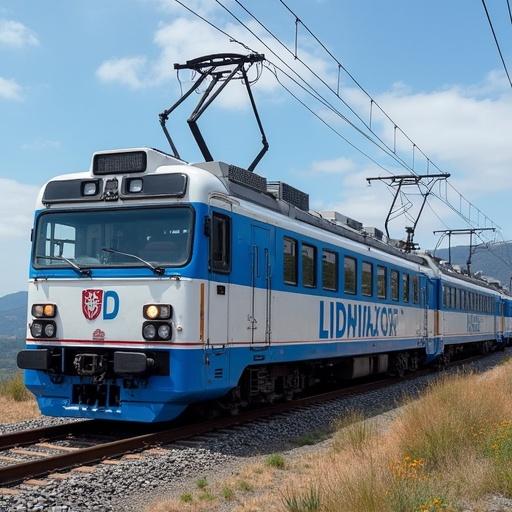 A blue and white train resembling a transformer with hills in the background.