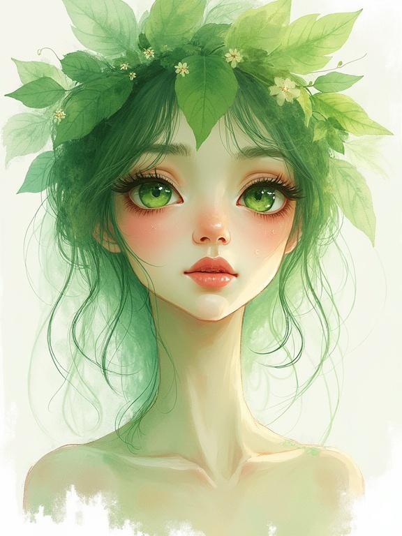 Digital artwork of a dreamy leafy princess with captivating green eyes. She has a translucent quality with sparse jelly-like strokes. Features whimsical watercolor style. Casual composition with painterly lines and a loose border suggests her ethereal nature.