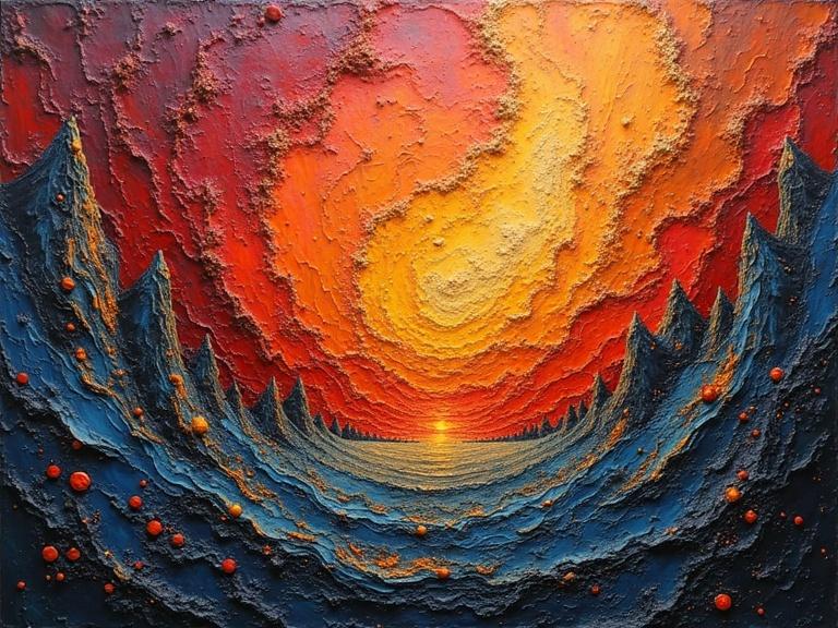 Masterpiece 3D multi-layered Lava Extreme. Oil painting with texture play. Contains newspaper, jute fibres, wood, sand, glittering confetti, origami. Mixed media with scratches, drops, tears. Thick and textured impasto. Luminous colors. Emanating a sense of depth and surface feel. Multilayered. Stunning composition. Magical and evocative.