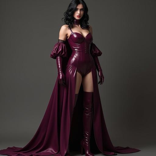 Realistic woman aged 32. Fit body with prominent cheekbones, sensual mouth, strong chin. Hair is long and black. Outfit features purple-black latex, elegant high boots, long gloves. Deep dark brown eyes.