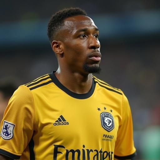 Portrait of a soccer player wearing a bright yellow jersey showing determination. The player is on the field during an intense moment of a match. The stadium is filled with energy and enthusiasm from fans. Detailed view of the player's jersey and athletic posture.