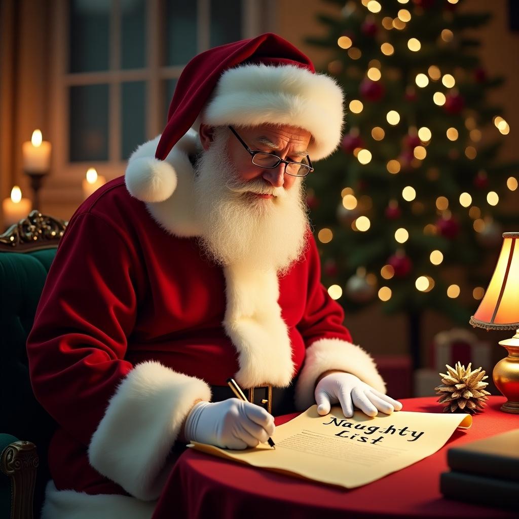 Santa Claus is in a festive setting. He writes on a parchment labeled Naughty List. The background has Christmas decorations. Warm lighting creates a cozy feeling.