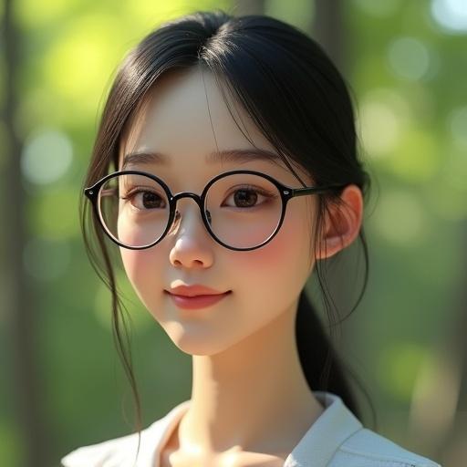 A full body shot of a young android woman with a human-like face. She wears modern glasses, has a gentle smile, and expressive eyes. Skin has natural texture and imperfections. Hair displays details with a natural flow. Body proportions are anatomically correct, showing a hint of mechanical structure. Clothing is casual and stylish. Background is a blurred outdoor scene with greenery and soft sunlight.