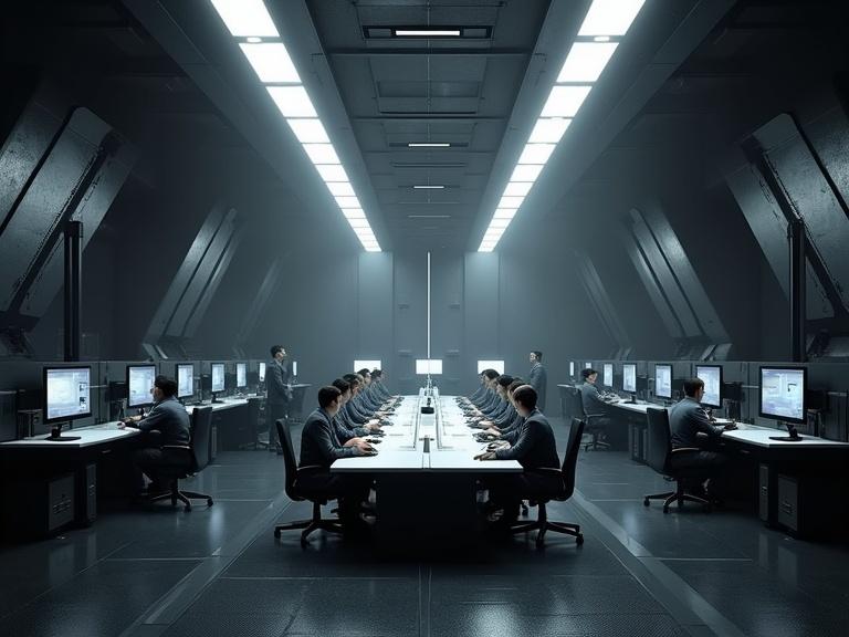 Image shows a dark sleek sci-fi command center. Features include a central bulky white rectangular strategy table, multiple monitors, military personnel in grey uniforms, black metal floors, and white spot ceiling lights. The atmosphere is dark and atmospheric with textures and shadows.