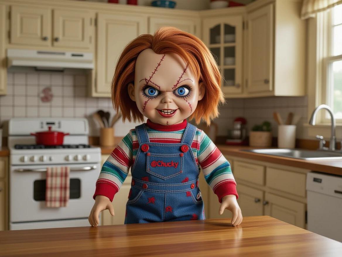 Ultra-realistic image of a Chucky doll in a kitchen. Chucky has stitched scars. Angry blue eyes stare mischievously. He wears a colorful striped shirt and denim overalls. One hand gives a thumbs-up. Other hand rests on a stove with visible fire. Ingredients on the table include strawberries and labeled cans. Kitchen has a cozy ambiance. Eye-level perspective with warm lighting.