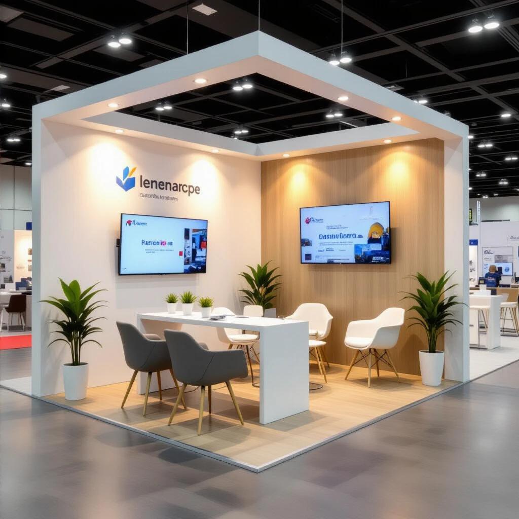 3D front view of a trade show booth measuring 360cm wide 550cm deep and 350cm high. The design includes a reception area at the front with a desk and two chairs. A high-top table with two stools is added if space permits. The flooring is wood. A large poster is displayed on the back wall at 250cm height featuring energy renovation. An additional poster is placed above at another 100cm height. A woman in her 30s is standing behind the reception desk.