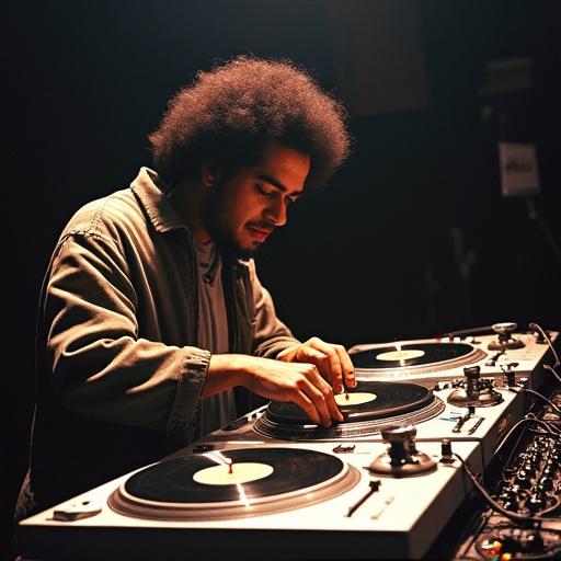 DJ at the 1992 Ortofon World DJ Mixing Championships. Two turntables are set up side by side. DJ demonstrates fast cutting techniques. Mixer positioned on the right. Focus on hands and equipment.