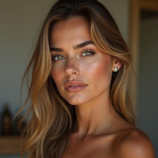 Close-up portrait of a model with soft features and warm skin tones. Natural lighting highlights the face. The person has long hair and exhibits a serene expression.