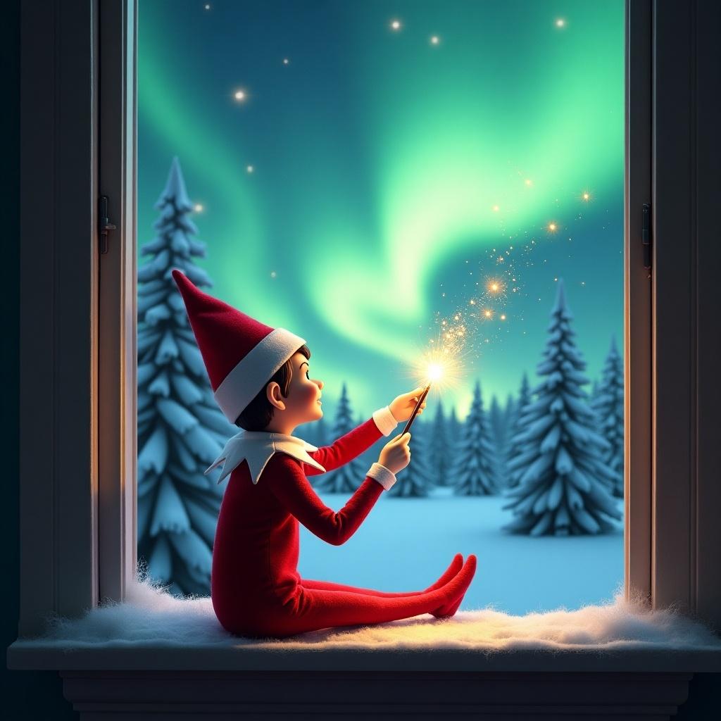 The image features an adorable elf on the shelf sitting on a window ledge, with his back turned to the viewer. He is using a magical wand to create twinkling sparks while looking up at a stunning display of northern lights. The background is set in a winter wonderland, filled with snow-covered pine trees, conjuring a festive holiday feel. Dressed in a vibrant red outfit with white trim, the elf embodies the Christmas spirit. The scene is illuminated by the enchanting colors of the aurora borealis, enhancing the magical ambiance.