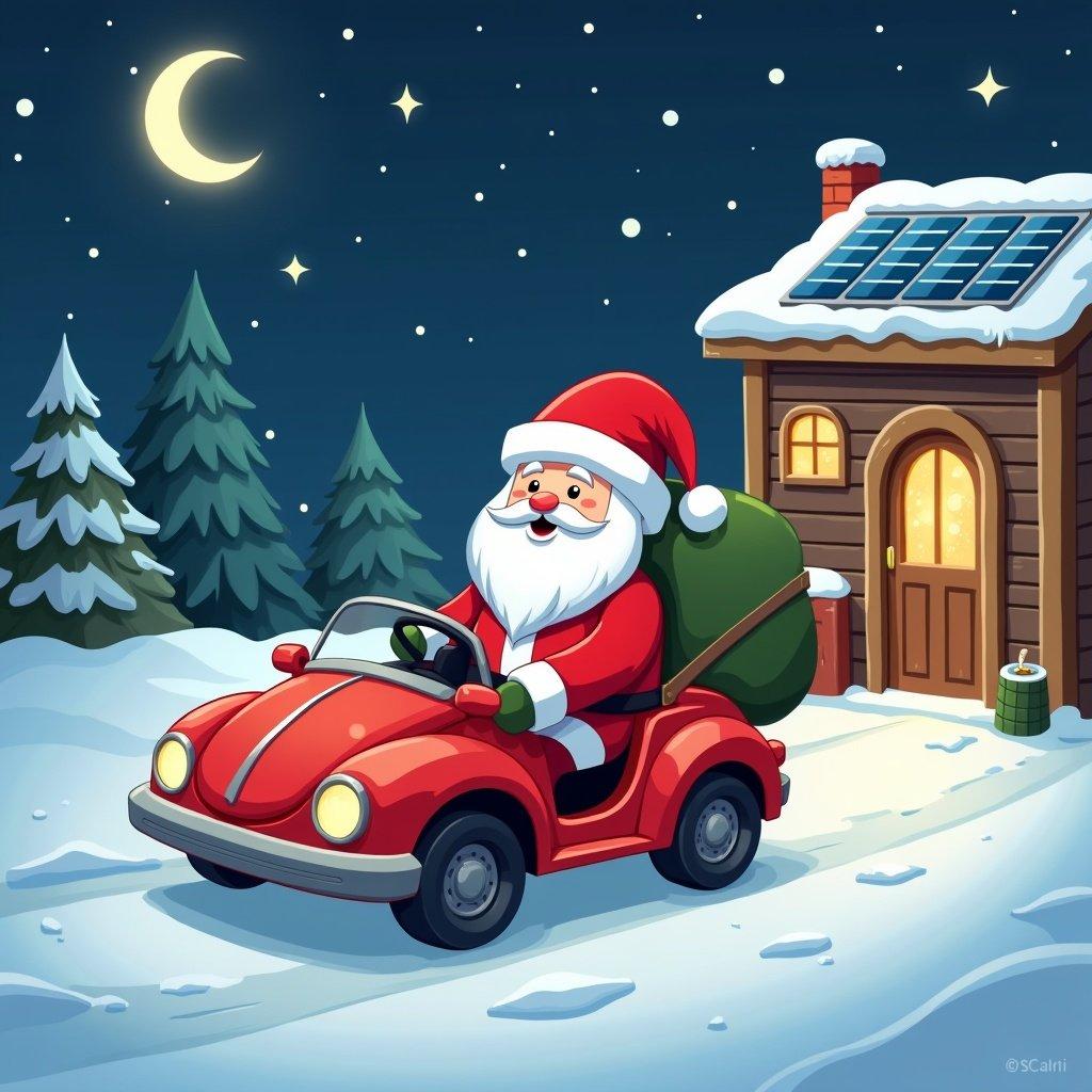 Santa is sitting in a toy car at his workshop with solar panels. Snow covers the ground under a starry sky. Cartoon style illustration showing the festive season.