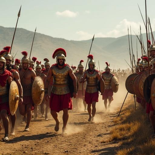 Hyperrealistic photograph depicting Athenian hoplites in bronze armor charging Persian infantry in a historical battle scene. Soldiers are wearing Corinthian helmets and carrying round hoplon shields adorned with lambda symbols. The background features fallen Persian immortals and General Miltiades leading the charge with a raised spear.