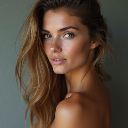 Model with long hair and glowing skin posed against a neutral background. Focus on face and upper body.