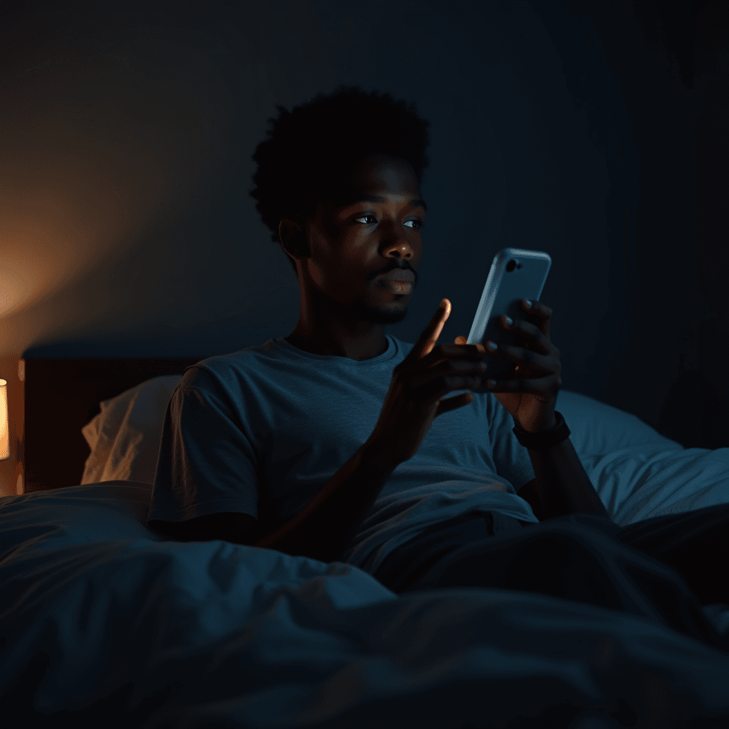 A person in bed using a smartphone under soft, ambient lighting.