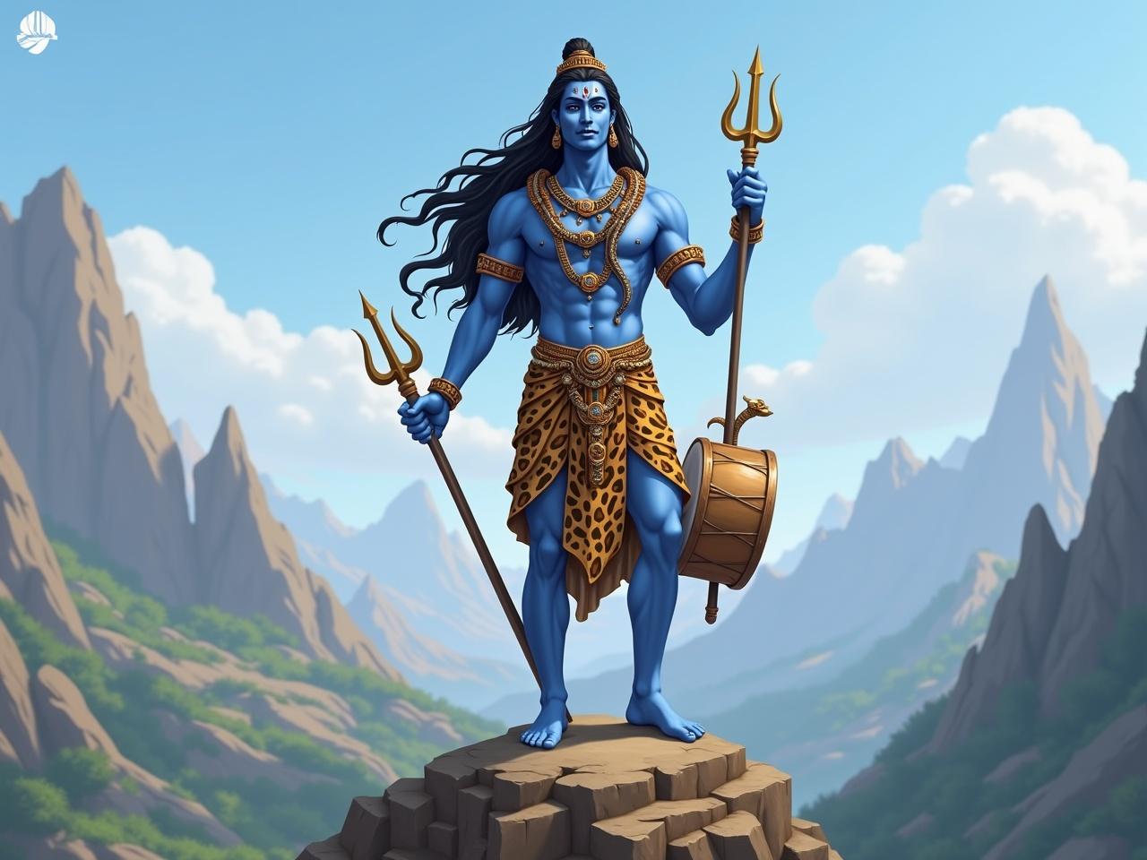 The image depicts a blue-skinned deity standing confidently atop a rocky landscape. He holds a trident in one hand and a drum in the other, with a snake draped around his neck. His attire includes a leopard-print skirt and ornate jewelry, reflecting a traditional design. The backdrop features mountains and a clear sky, creating a serene atmosphere. The deity's long, flowing hair adds to the majestic appearance, and his expression exudes strength and serenity. This setting suggests a divine presence, emphasizing elements of nature and spirituality.