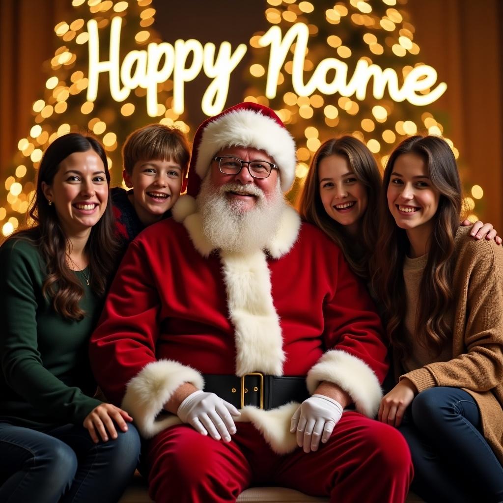 A joyful family gathers around Santa Claus, who is warmly dressed in a traditional red suit with white trim. The backdrop is adorned with glowing Christmas lights, creating a festive atmosphere. The family consists of two women, a man, a boy, and a girl, all smiling and looking at the camera. The scene conveys warmth, happiness, and holiday cheer, perfect for capturing precious family memories. A sign above them reads 'Happy Name', adding a personal touch to the celebration.