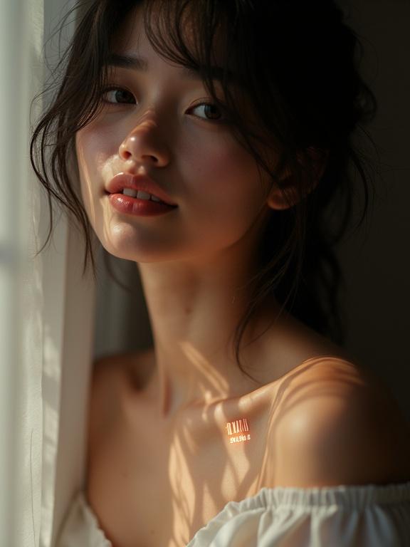 Photorealistic portrait of a young woman. Tousled dark hair partially obscuring her face. Soft smile and captivating eyes looking towards the viewer. Wearing off-the-shoulder silk top. Delicate barcode tattoo on collarbone. Soft white glow illuminating skin. Soft diffused window light. Shallow depth of field. Intimate atmosphere. Ultra-detailed skin texture.