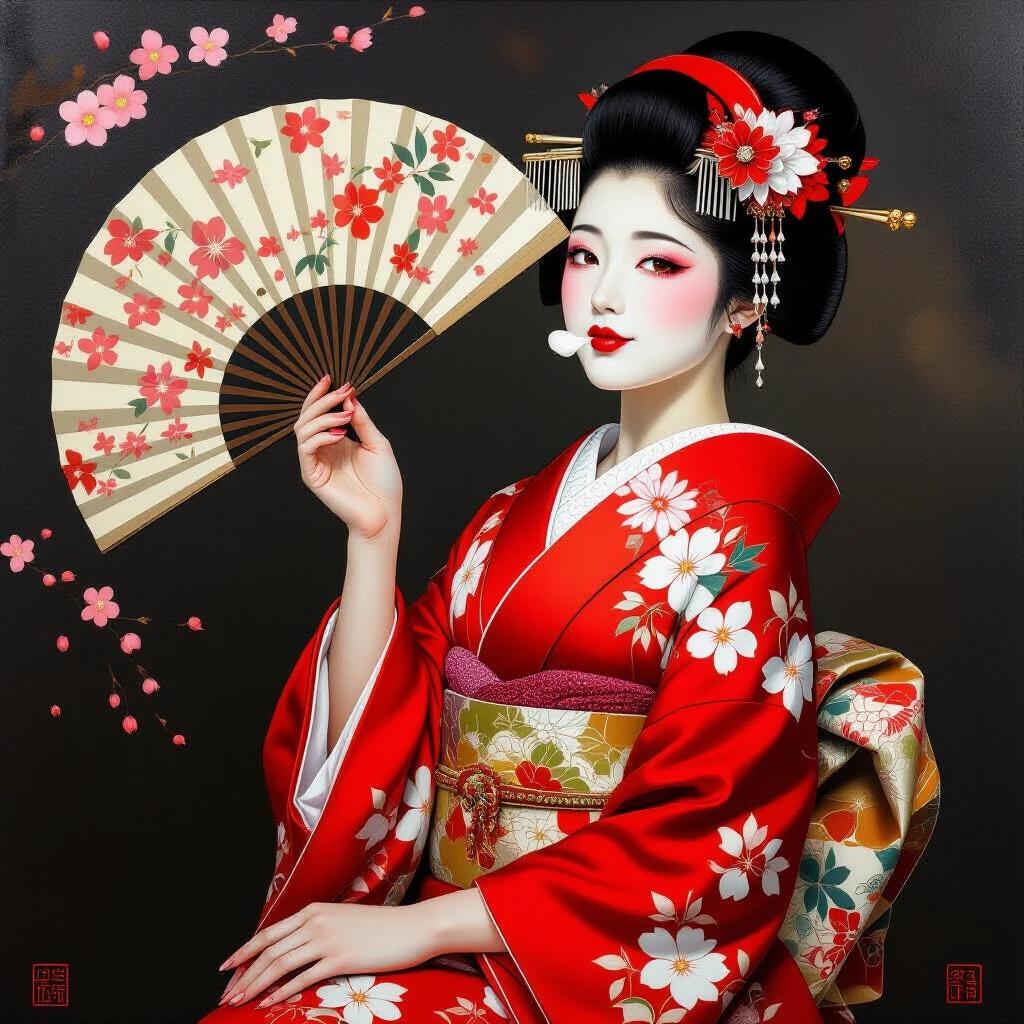 Oil painting of a girl in traditional Japanese geisha attire. She wears a red kimono with floral patterns. The girl is posed charmingly with a slight head tilt and a confident yet playful expression. Her lips are puckered, resembling a kiss. Her hairstyle features okobo and is elegantly styled. She holds a fan near her face in delicate hand gestures. The background is dark with warm lighting. The artwork exhibits detailed textures in 8k resolution.