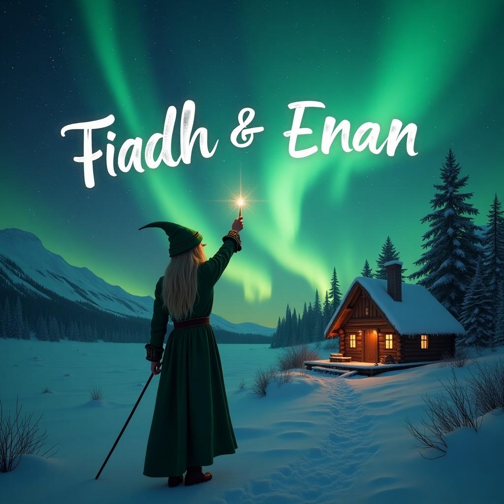 An elf stands with back to viewer. The elf writes names in air using a wand. Background features magical northern lights and a cozy cabin. Names Fiadh & Enan are inscribed in the sky.