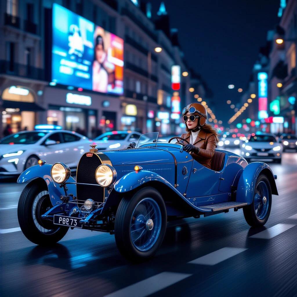 Night urban motion scene in Paris featuring a vibrant blue 1924 Bugatti T35. Driver clad in 1928 aviator gear. Focus on the determination in the driver's eyes while steering. Background includes glowing advertisements and self-driving cars. Sparks from cobblestone contact in the foreground.