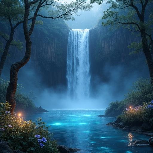 An enchanted forest waterfall cascades into a crystalline pool. Bioluminescent flora lines the banks. Mist is illuminated by floating orbs of light. The style is hyperrealism.