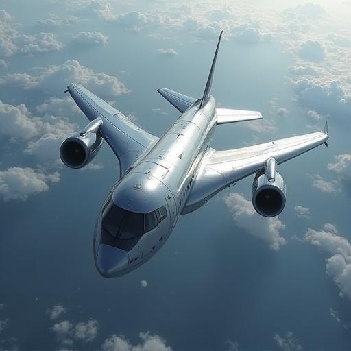 Cinematic military sci-fi aircraft with sleek shape. Features hard burnt scratchy metal textures. Depicts a futuristic Airbus A400M in a white and blue atmosphere with detailed realism and shadows. 4K resolution.