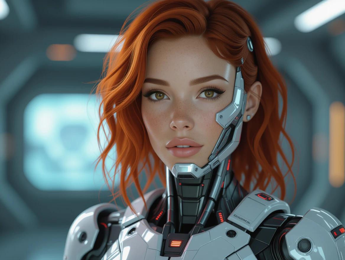 Hyper-realistic Brazilian female cyborg with natural red hair showcasing intricate cybernetic parts. Curvy figure with medium skin tone and freckles. Wearing a futuristic outfit blending sci-fi armor with elegance. Detailed face and arm features. Cinematic lighting and atmosphere.