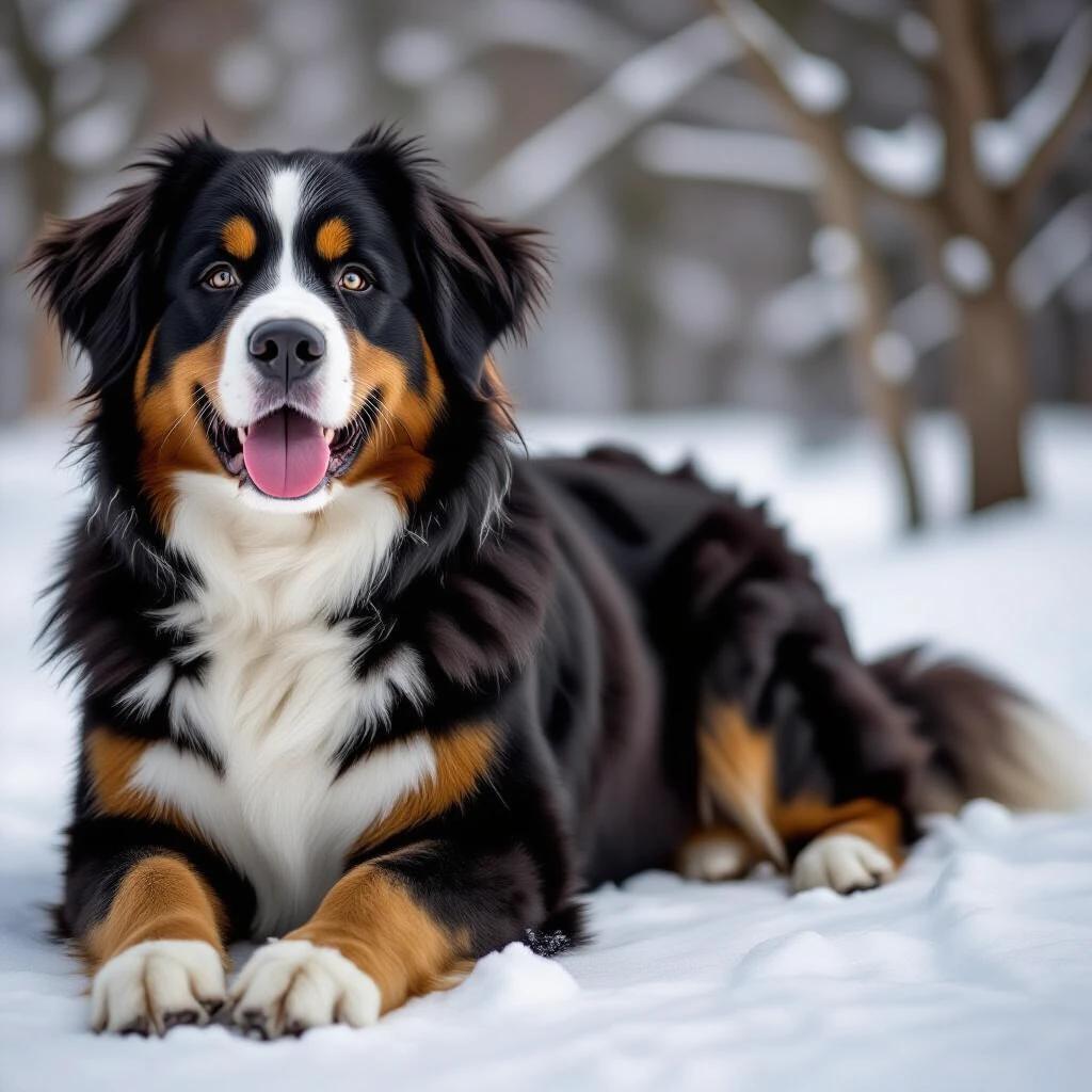 A Bernese Mountain Dog lying in the snow with a happy expression.