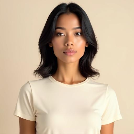 High resolution photorealistic portrait of a woman with medium-length hair wearing a cream T-shirt. The image shows head and just below the chest with upper arms slightly visible. Subject centered with full frontal view. No head rotation. No tattoos. Neutral expression. Warm tan complexion with natural skin texture. Features include full lips, prominent cheekbones, and almond-shaped eyes. Simple hairstyle. Well-lit with soft lighting against a solid background. Sharp details and realistic skin tones.