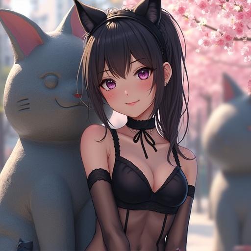 Attractive Japanese woman in black cat ears wearing sheer bodysuit with Akihabara pattern. Leaning against Q-taro sculpture in front of Akihabara station. Soft ponytail and large eyes. Natural lighting. Tattoo of logo @hu_jim29. Background includes a cat. Cherry blossom petals in the wind.