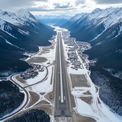 Aerial view of the airport in Banff city Canada. Snow-covered mountains in the background. Clear layout of the runway and surrounding area.