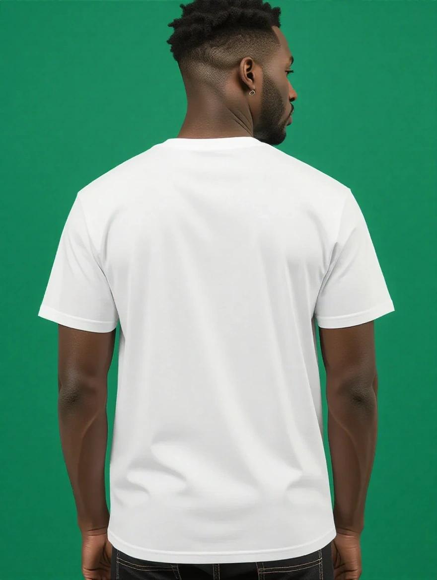 Photorealistic half body shot from the back of a male model in a white t-shirt. Natural pose, standing straight, looking over one shoulder. Background is emerald green wall. Soft diffused lighting for lookbook. Urban aesthetic, influenced by electronic music.