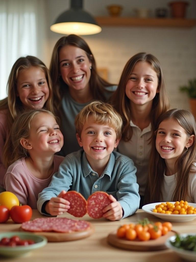 A cheerful kitchen scene. A young boy holds slices of salami. Four girls surround him. They are laughing and enjoying their time. The kitchen ambiance is light and warm. Various food items are on the table. Happy expressions show togetherness. Soft lighting enhances warmth.