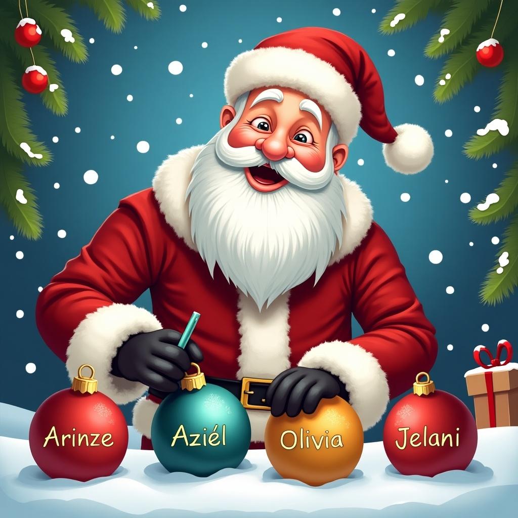 Santa Claus is personalizing Christmas baubles in a joyful holiday scene. Santa writes names on colorful baubles. The background is snowy with festive greenery. Names on the baubles include Arinze, Aziel, Olivia, and Jelani. Santa wears a red suit and has a cheerful smile. The colors are vibrant, capturing the joy of the holiday season.