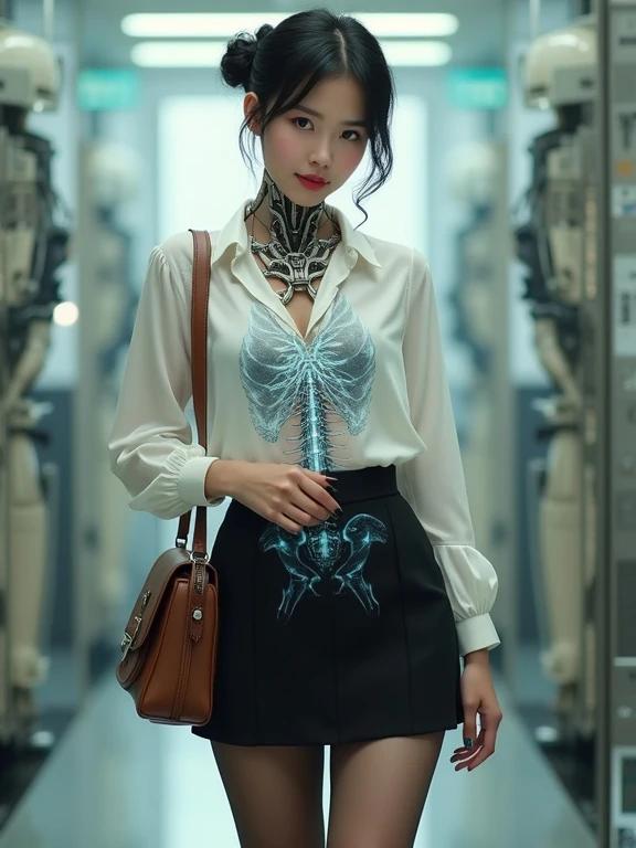 Cyborg female spy stands in bright mechanical lab. She wears a pearl-white chiffon blouse and black knee-length skirt. Her legs in sheer black pantyhose and low-block heels. Brown satchel slung over her shoulder. X-ray overlay shows mechanical components of her torso. Elegant figure with a light smile and neatly styled hair.