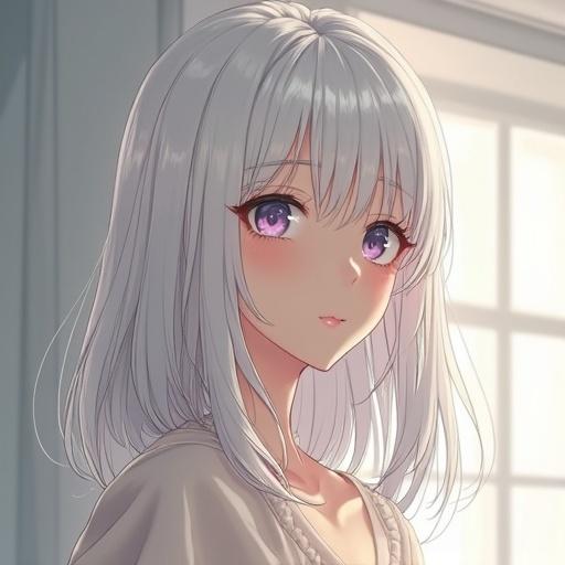 Portrait of a beautiful Japanese girl with mid-length hair in soft light. An artistic illustration focused on her hairstyle and expression, showcasing a blend of cultures. Light colors create a serene atmosphere.