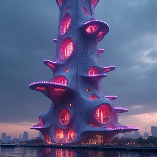 Exterior view of The Biolume Spire at dusk. Towering structure with a semi-translucent, pulsating biopolymer shell. Shell shifts colors of deep violet and arterial red. Vein Bridges as pathways glowing with bioluminescent light. Surrounding harbor and dark skyline visible. Organic glass pods exhibit deep-sea life. Smokestack vents modified spores creating bio-update phenomena.