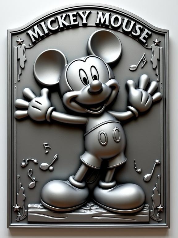 Highly detailed 3D rendering of a steel relief plaque showcasing Mickey Mouse. Iconic character in a cheerful pose with one hand waving. Round ears and gloved hands integrated into brushed steel. Engravings of musical notes and vintage swirls in the background. Framed by art deco-inspired steel border with stars at the corners. Top features the title 'MICKEY MOUSE' in bold letters.