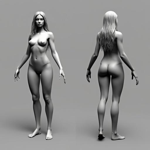3D sculpture of a female character inspired by Morrigan Aensland. The sculpture shows front, side, and back views in a-pose. Body shape is stylized and resembles an hourglass. No clothing is present. Rendered in clay style for character design reference. Standard rig pose with soft lighting applied.