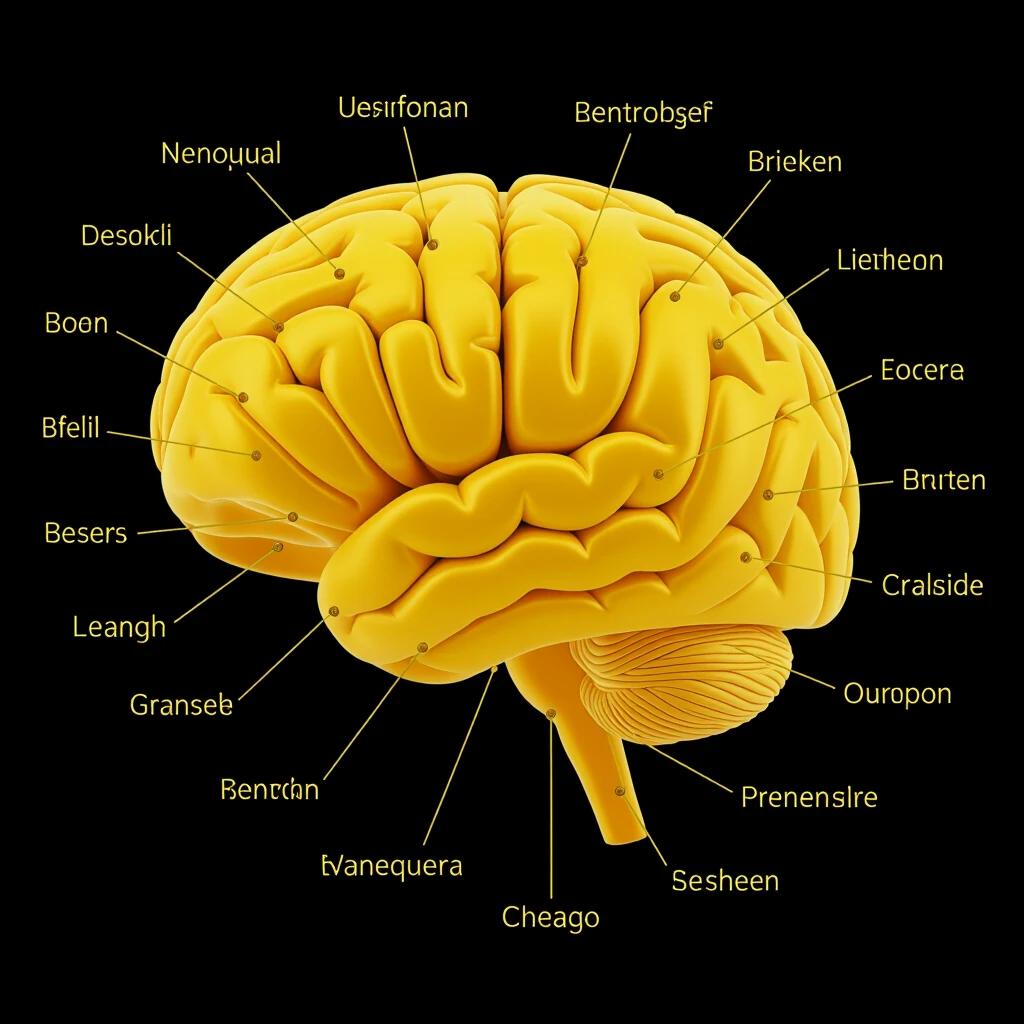 Highly detailed illustration of brain parts in yellow color on a black background. Highlighted prefrontal cortex is clearly visible. Labels for various brain regions are present.