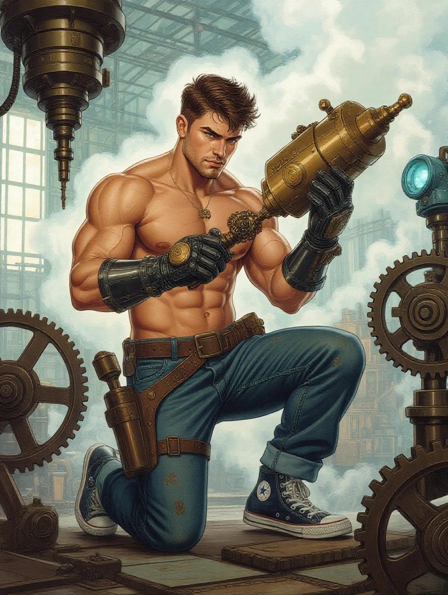 Hyperrealistic steampunk man shirtless holding a giant mechanical tool in a gear factory with steam and smoke.