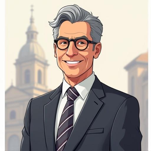 Professional portrait in anime style of a confident middle-aged man. He wears a baje suit and white shirt with a patterned tie. Features spiky hair and round sunglasses. The man smiles warmly. Background shows a university with a neutral tone.