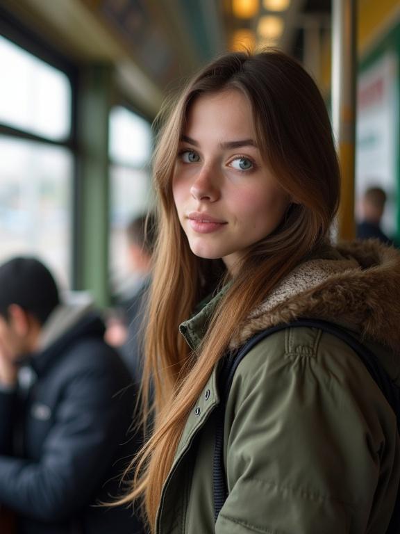 Portrait of a young girl. She stands inside a train looking towards the camera. The background shows a train environment and people. Her hair is long and she's wearing a coat.